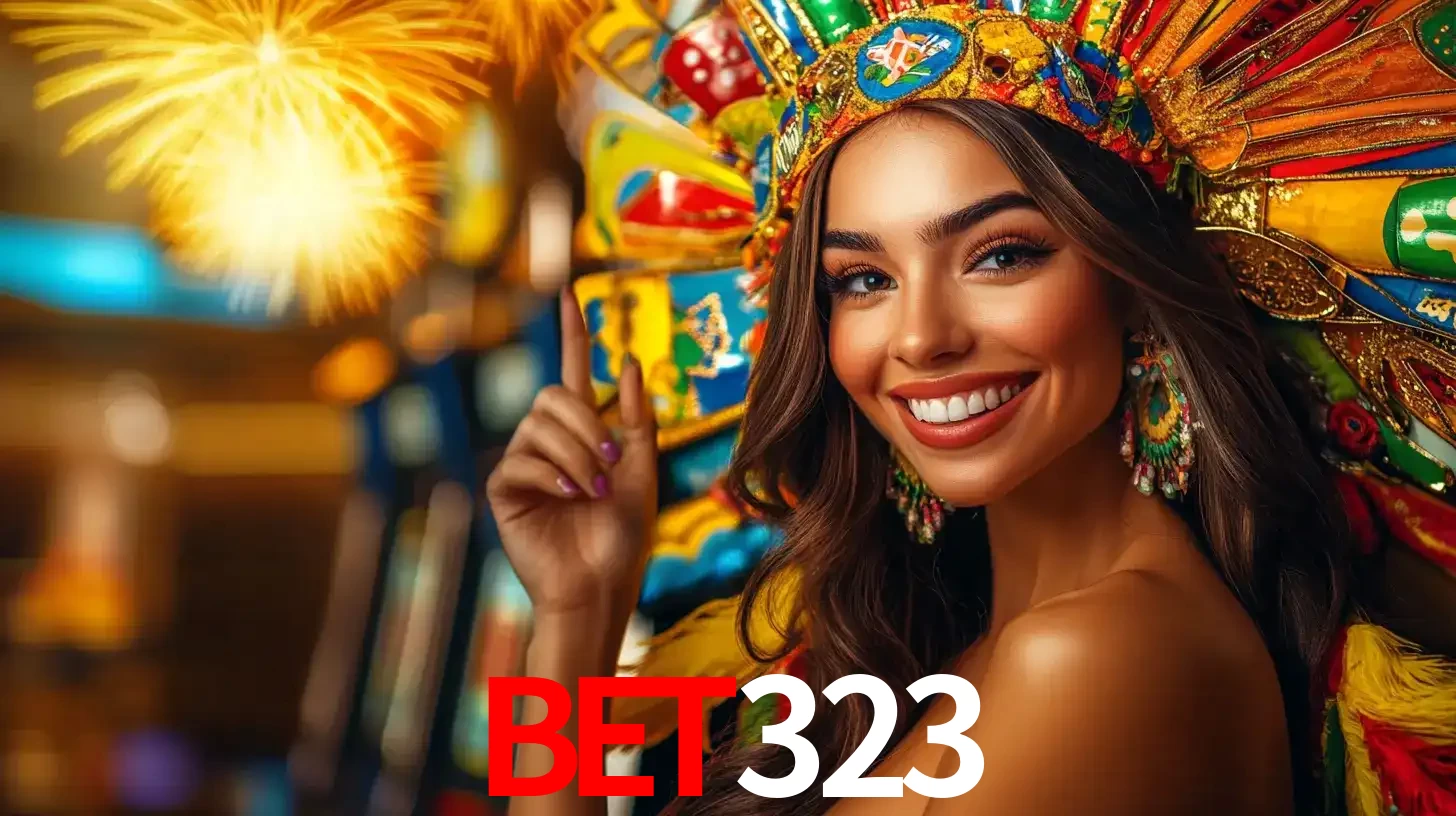 Mulher sorridente com um cocar de carnaval vibrante e colorido, celebrando uma grande vitória nos jogos do cassino bet323 com fogos de artifício ao fundo.