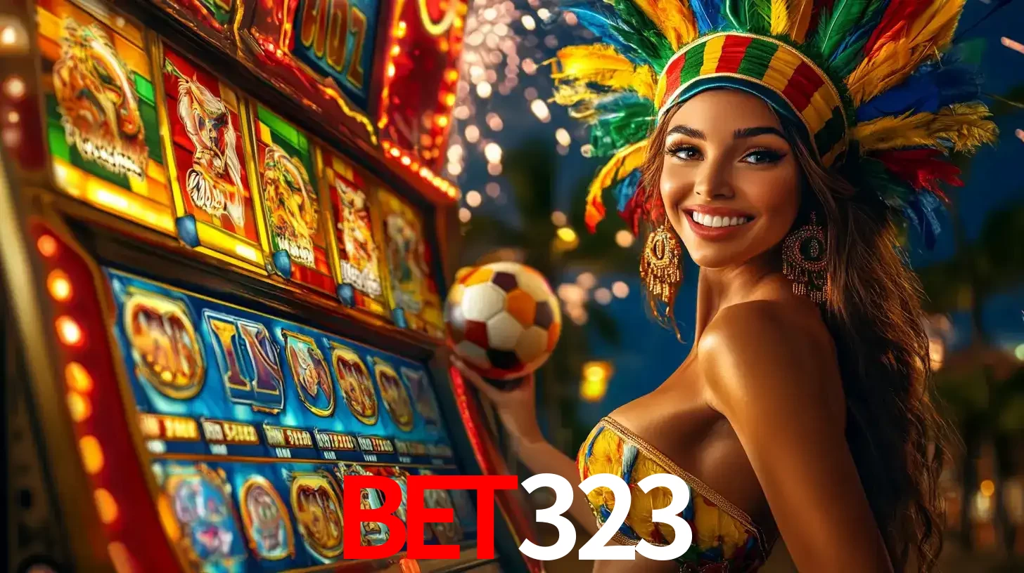Mulher com um cocar de carnaval ao lado de uma máquina de caça-níqueis enquanto segura uma bola de futebol, mostrando a união da diversão de cassino e esportes no bet323.
