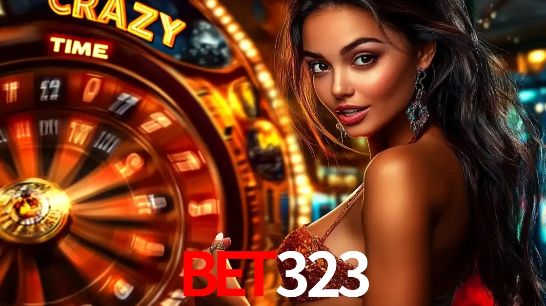 Mulher ao lado da roda de prêmios do jogo de cassino ao vivo Crazy Time, um dos shows de jogos mais emocionantes oferecidos pela plataforma de apostas bet323.