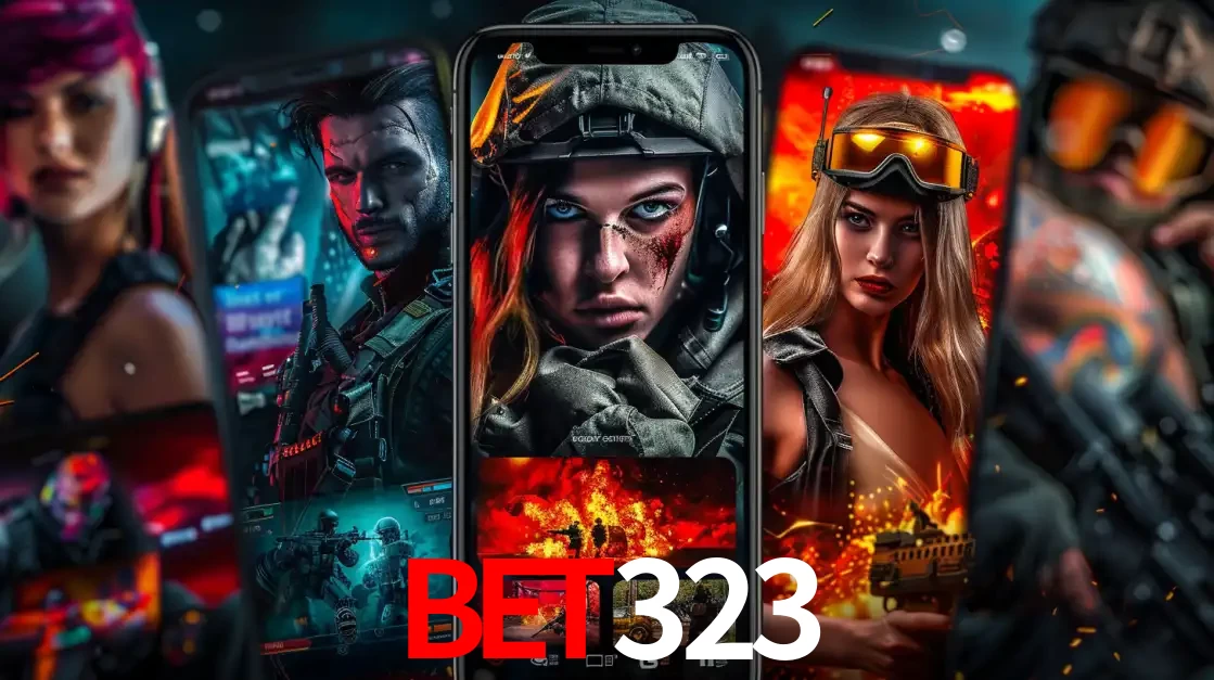 Montagem de telas de celular mostrando diversos personagens, masculinos e femininos, de um jogo de tiro, ilustrando a diversidade de equipes de e-sports para apostar no bet323.