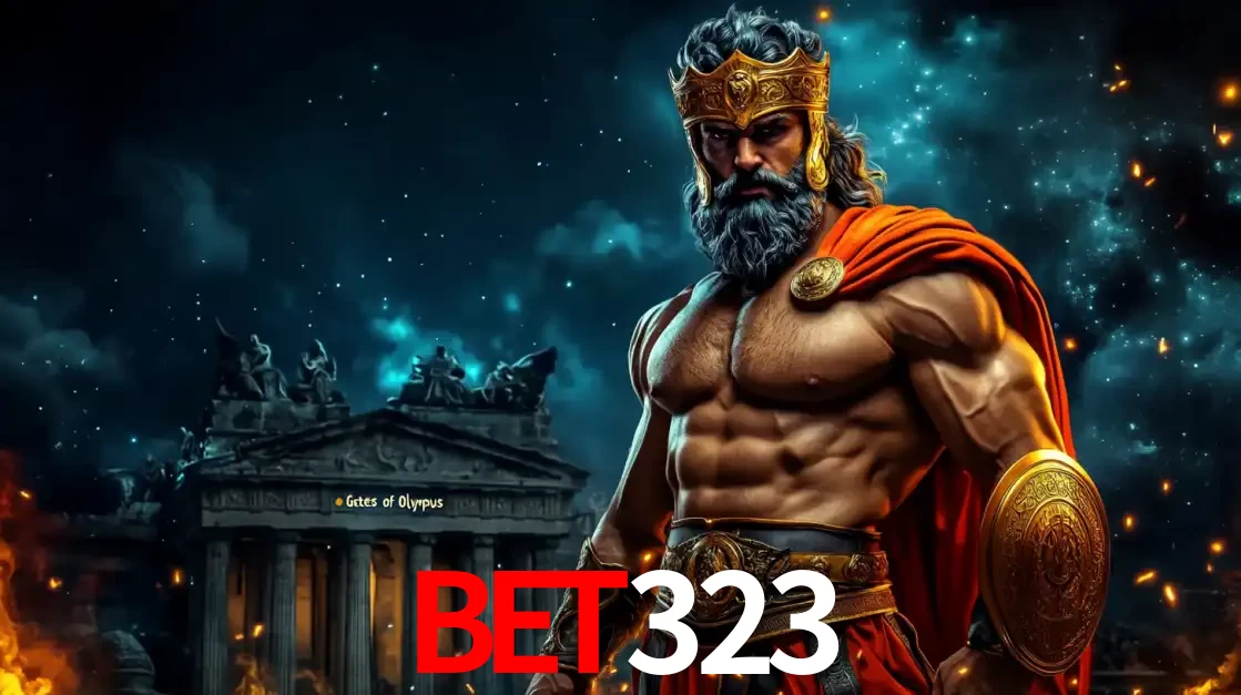 O poderoso Zeus do jogo de slot Gates of Olympus em frente ao seu templo, pronto para lançar multiplicadores divinos e prêmios épicos no cassino online bet323.