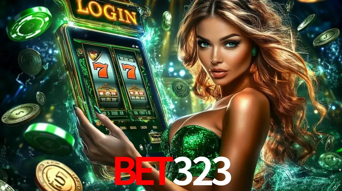 Mulher com tema verde apresentando o aplicativo do cassino bet323 com um jogo de slot de 777, cercada por fichas de cassino e uma aura de sorte.