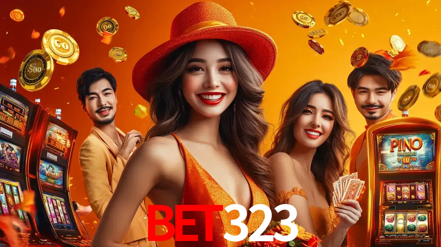Grupo de amigos asiáticos sorrindo e se divertindo com máquinas de caça-níqueis em um ambiente festivo, celebrando suas vitórias nos jogos de cassino do bet323.