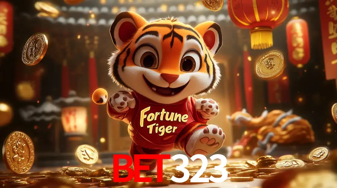 O alegre personagem do Fortune Tiger correndo sobre um caminho de moedas de ouro, simbolizando os grandes prêmios e a diversão do popular jogo de slot do bet323.
