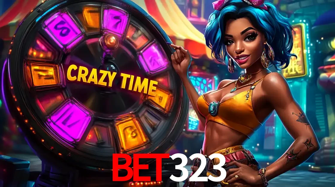 Mulher estilizada com cabelo azul e visual vibrante posando ao lado da roda de prêmios do game show Crazy Time, convidando para a diversão e os bônus do cassino bet323.