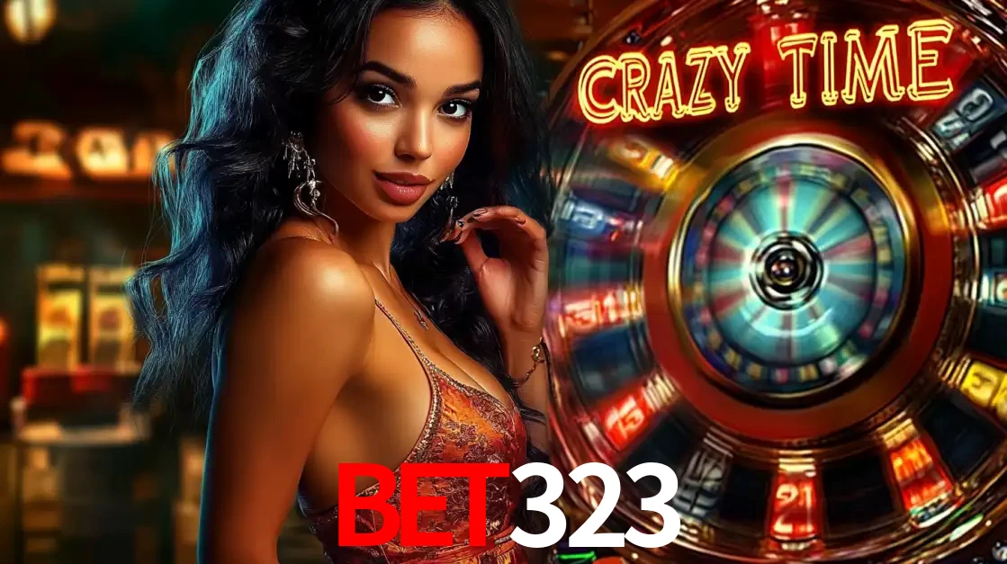 Mulher elegante ao lado da vibrante roda da fortuna do jogo de cassino ao vivo Crazy Time, um dos game shows mais populares e cheios de prêmios do bet323.
