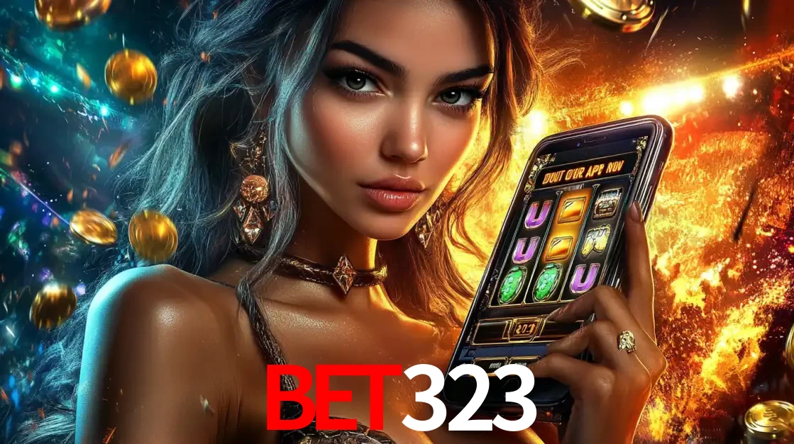Mulher elegante mostrando um jogo de caça-níqueis em seu smartphone, destacando a experiência de cassino móvel oferecida pelo aplicativo bet323.