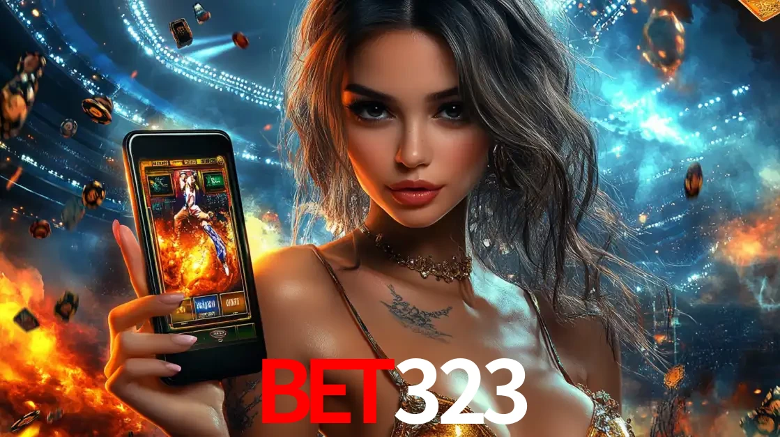 Mulher segurando um celular com um jogo de slot em destaque, tendo como fundo um estádio vibrante, simbolizando a emoção de jogar no cassino móvel bet323.